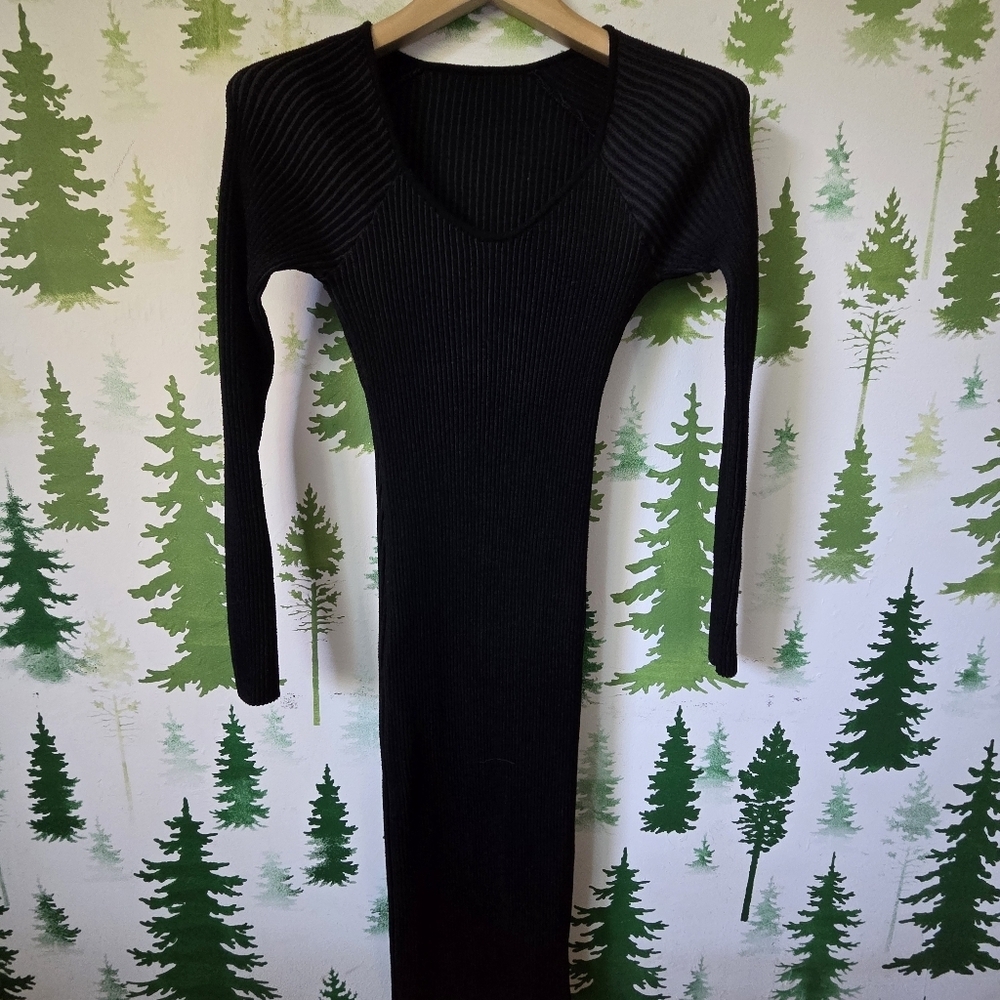 SHEIN Black Ribbed Long Sleeve Bodycon Maxi Dress